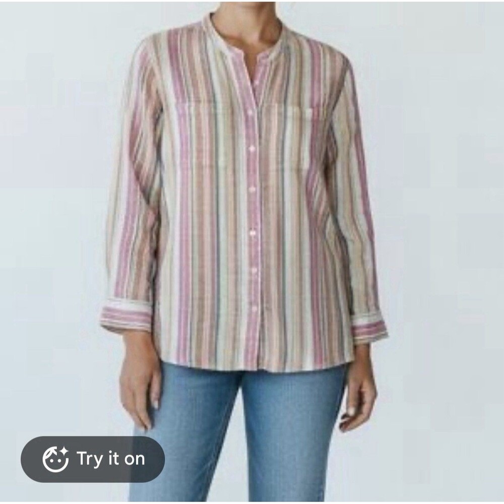 lands end 100% linen button down shirt Multi Striped tunic top coastal Vacation